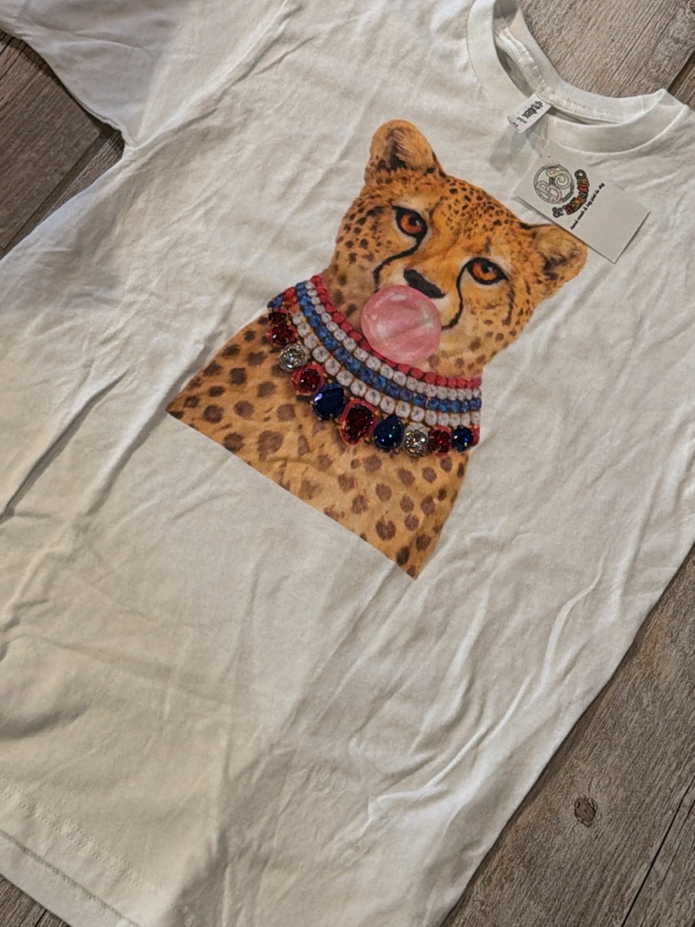 Source Unknown White Graphic Long Sleeve Tee with Jewel-Embellished Cheetah